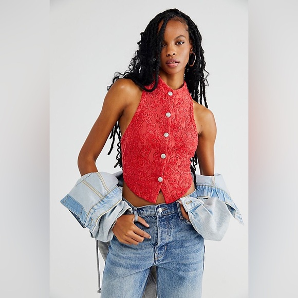 FREE PEOPLE Red Floral Velvet & Lace Button Front Vest Top Medium NWT - Picture 4 of 12